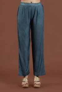 Set of 2:Teal Blue Kalamkari Printed Muslin Silk Kurta with Pant Set image 3