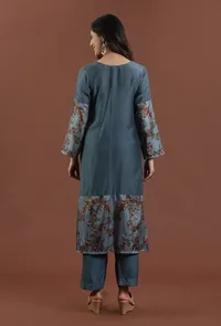 Set of 2:Teal Blue Kalamkari Printed Muslin Silk Kurta with Pant Set image 4