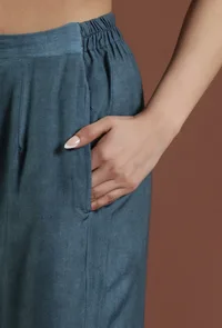 Set of 2:Teal Blue Kalamkari Printed Muslin Silk Kurta with Pant Set image 6