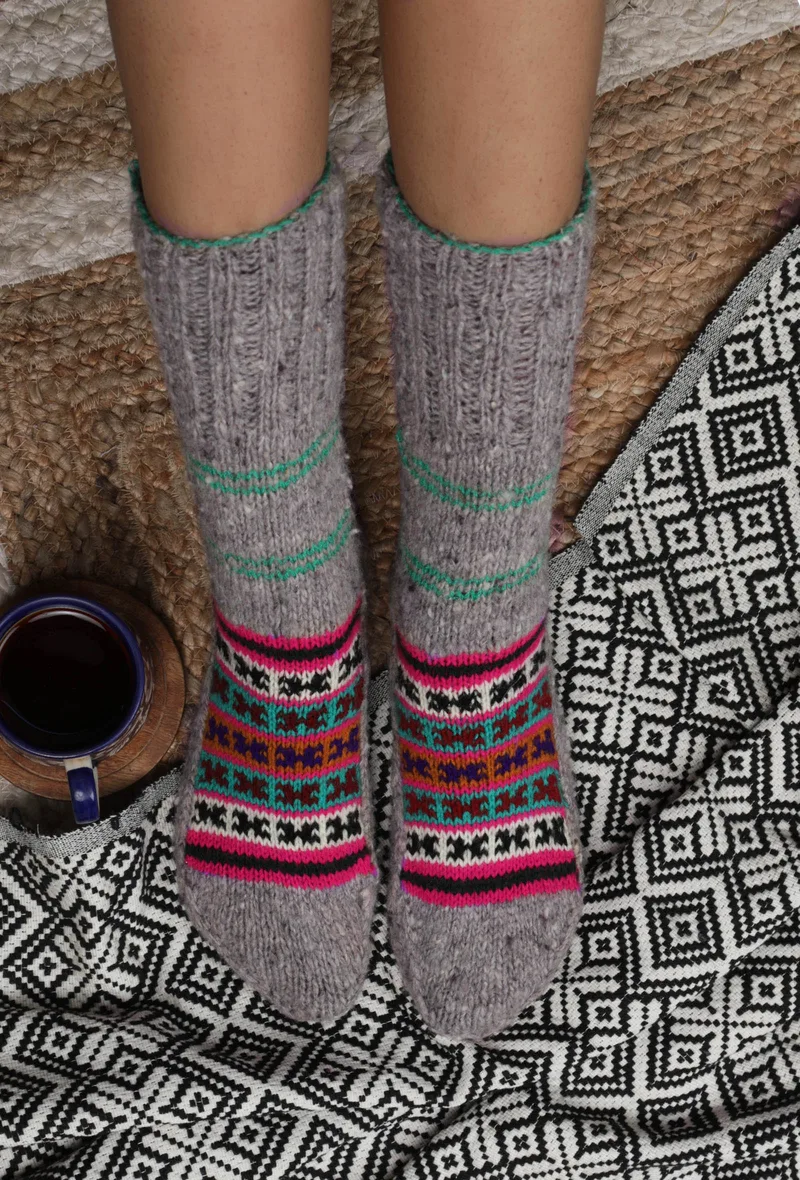 Grey & Multi Hand Knitted Woolen Winter Socks