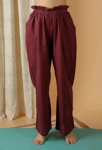 Mulmul Cotton Solid Plum Ruched Wide Leg Pants image 1