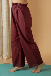 Mulmul Cotton Solid Plum Ruched Wide Leg Pants image 2