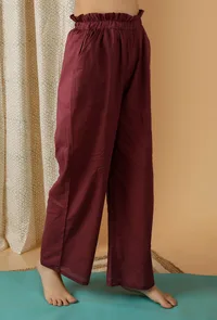 Mulmul Cotton Solid Plum Ruched Wide Leg Pants image 3