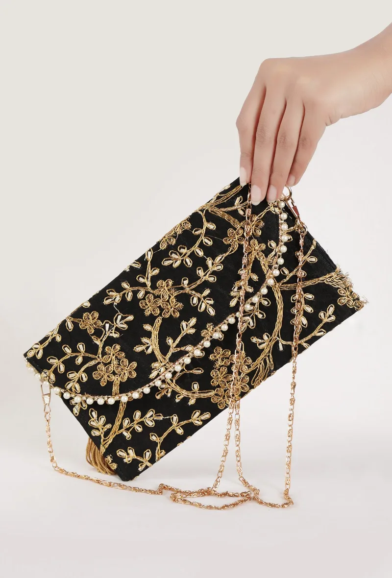 Midnight Black Zari Embroidered Silk Envelope Clutch