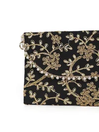 Midnight Black Zari Embroidered Silk Envelope Clutch image 6
