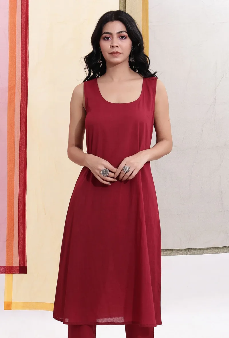 Carmine Red Sleeveless Flared Slip Kurta