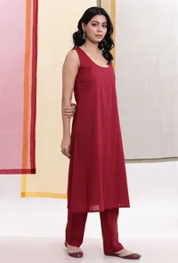 Carmine Red Sleeveless Flared Slip Kurta image 3