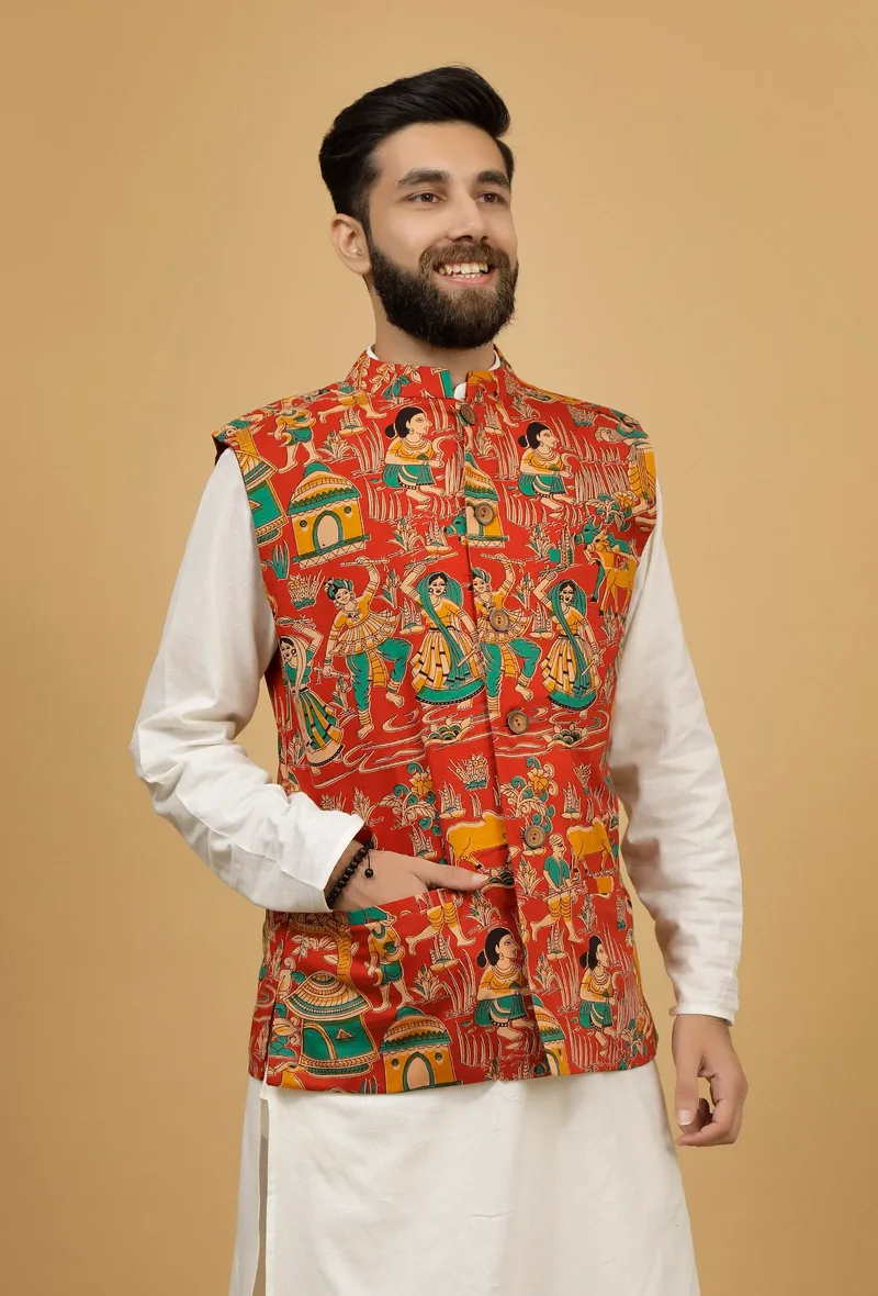 Merry Red Floral Kalamkari Cotton Nehru Jacket