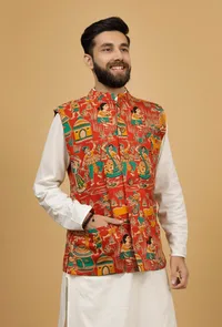 Merry Red Floral Kalamkari Cotton Nehru Jacket image 1