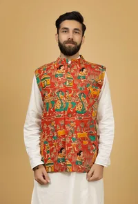 Merry Red Floral Kalamkari Cotton Nehru Jacket image 2
