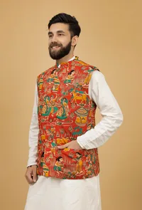 Merry Red Floral Kalamkari Cotton Nehru Jacket image 3