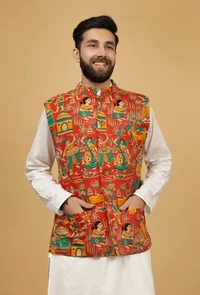 Merry Red Floral Kalamkari Cotton Nehru Jacket image 4