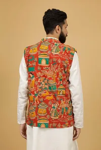 Merry Red Floral Kalamkari Cotton Nehru Jacket image 5