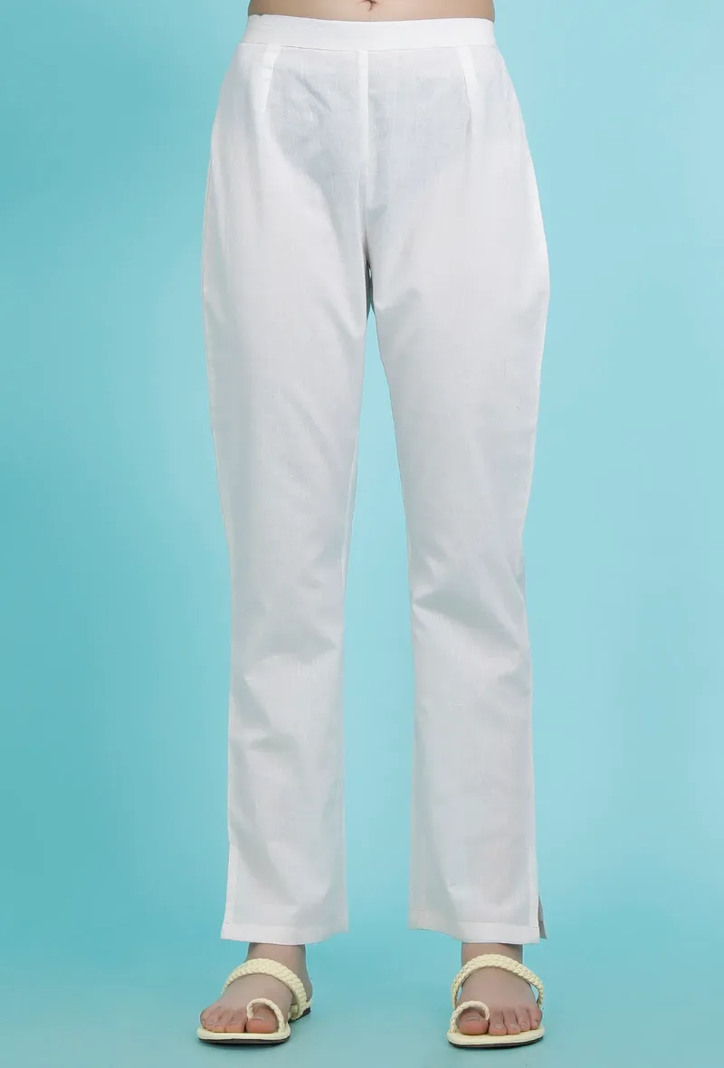 White Cotton Straight Pants