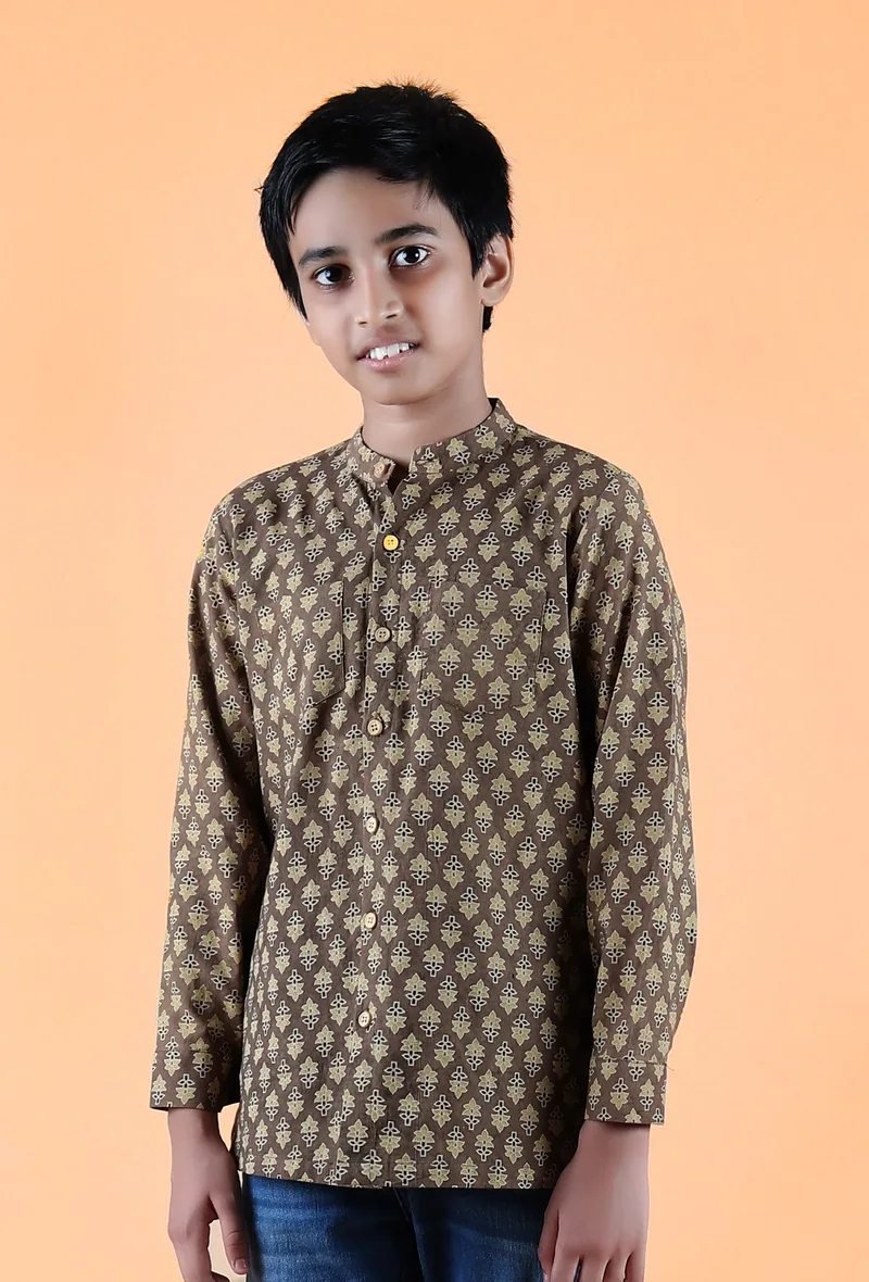 Abe Khaki Ajrakh Print Cotton Super Short Kurta