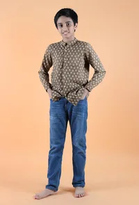 Abe Khaki Ajrakh Print Cotton Super Short Kurta image 2