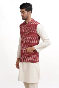 Maroon Red Ikat Nehru Jacket image 3