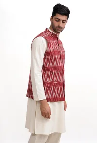 Maroon Red Ikat Nehru Jacket image 4
