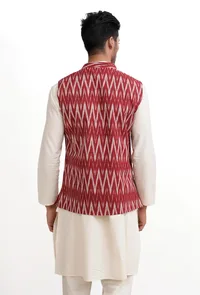 Maroon Red Ikat Nehru Jacket image 5
