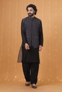 Set Of 3: Space Blue Checkered Chanderi Nehru Jacket, Black Kurta & Pajama image 1