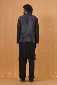 Set Of 3: Space Blue Checkered Chanderi Nehru Jacket, Black Kurta & Pajama image 2