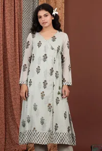 Meira Tea Green Floral Hand Block Printed Mulmul Angrakha Kurta image 1