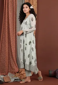 Meira Tea Green Floral Hand Block Printed Mulmul Angrakha Kurta image 2