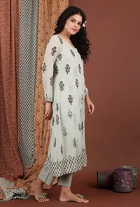 Meira Tea Green Floral Hand Block Printed Mulmul Angrakha Kurta image 3