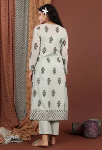 Meira Tea Green Floral Hand Block Printed Mulmul Angrakha Kurta image 4