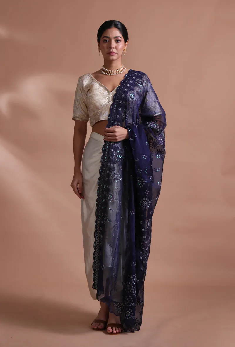 Navy Blue Color Silk Organza Embroidered Dupatta