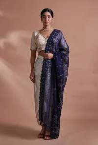 Navy Blue Color Silk Organza Embroidered Dupatta image 1