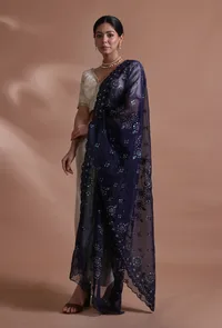 Navy Blue Color Silk Organza Embroidered Dupatta image 2
