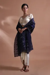Navy Blue Color Silk Organza Embroidered Dupatta image 3