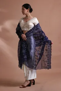 Navy Blue Color Silk Organza Embroidered Dupatta image 4