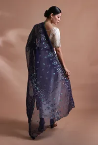 Navy Blue Color Silk Organza Embroidered Dupatta image 5