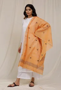 Orange Handloom Cotton Jamdani stole image 1