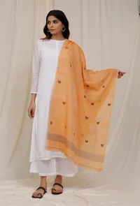 Orange Handloom Cotton Jamdani stole image 2