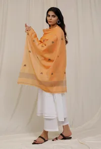 Orange Handloom Cotton Jamdani stole image 3