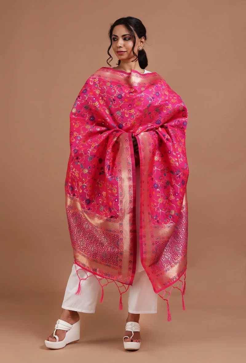 Pink Color Semi Silk Dupatta With Zari Weaving