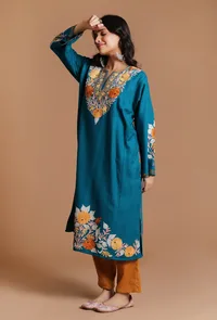 Venice Blue Aari Embroidered Kashmiri Phiran-Free Size image 3