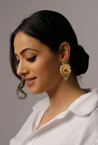 Gold Stone Sea Green Pearl Earrings image 5