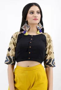 Black Cotton Blouse With Ajrakh Sleeves image 2