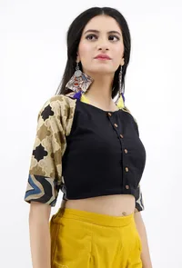 Black Cotton Blouse With Ajrakh Sleeves image 3