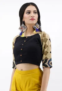 Black Cotton Blouse With Ajrakh Sleeves image 4