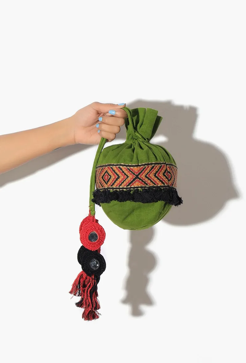 Green Cotton Mirror Tassels Potli