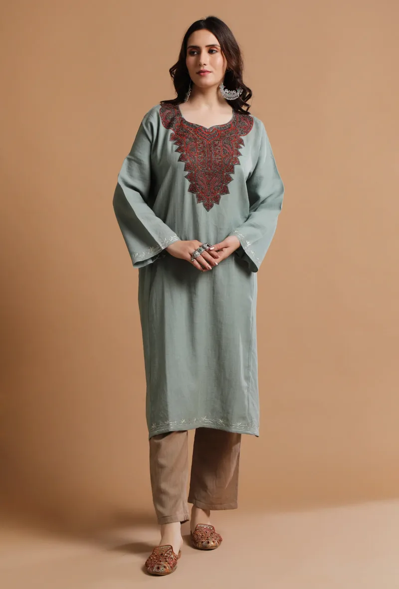 Warm Grey Kashmiri Sozni Embroidery Phiran-Free Size