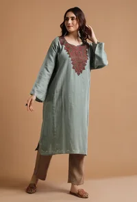 Warm Grey Kashmiri Sozni Embroidery Phiran-Free Size image 2