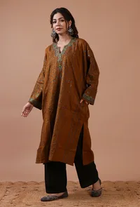 Brown Woolen Sozni Embroidered Phiran- Free Size image 2