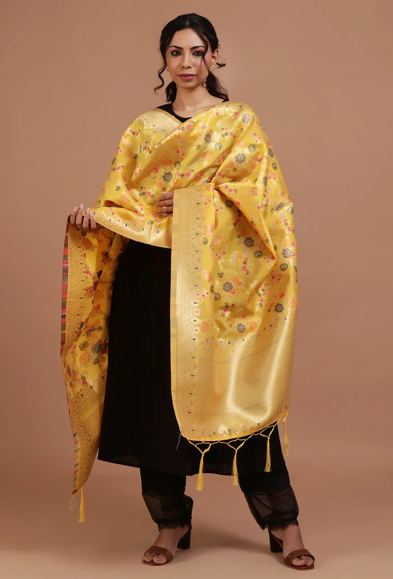 Yellow Color Semi Silk Dupatta With Zari Weaving