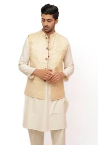 Pearl Cream Ghicha Silk Nehru Jacket image 1